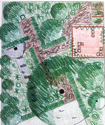 Ein modernes Heckenlabyrinth umgibt eine waldartige Pflanzung an einem alten Kirschbaum Ein modernes Heckenlabyrinth umgibt eine waldartige Pflanzung an einem alten Kirschbaum